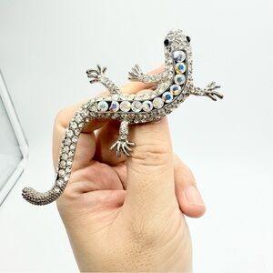Large Silver AB Crystal Gecko Lizard
Brooch In Silver Tone Metal